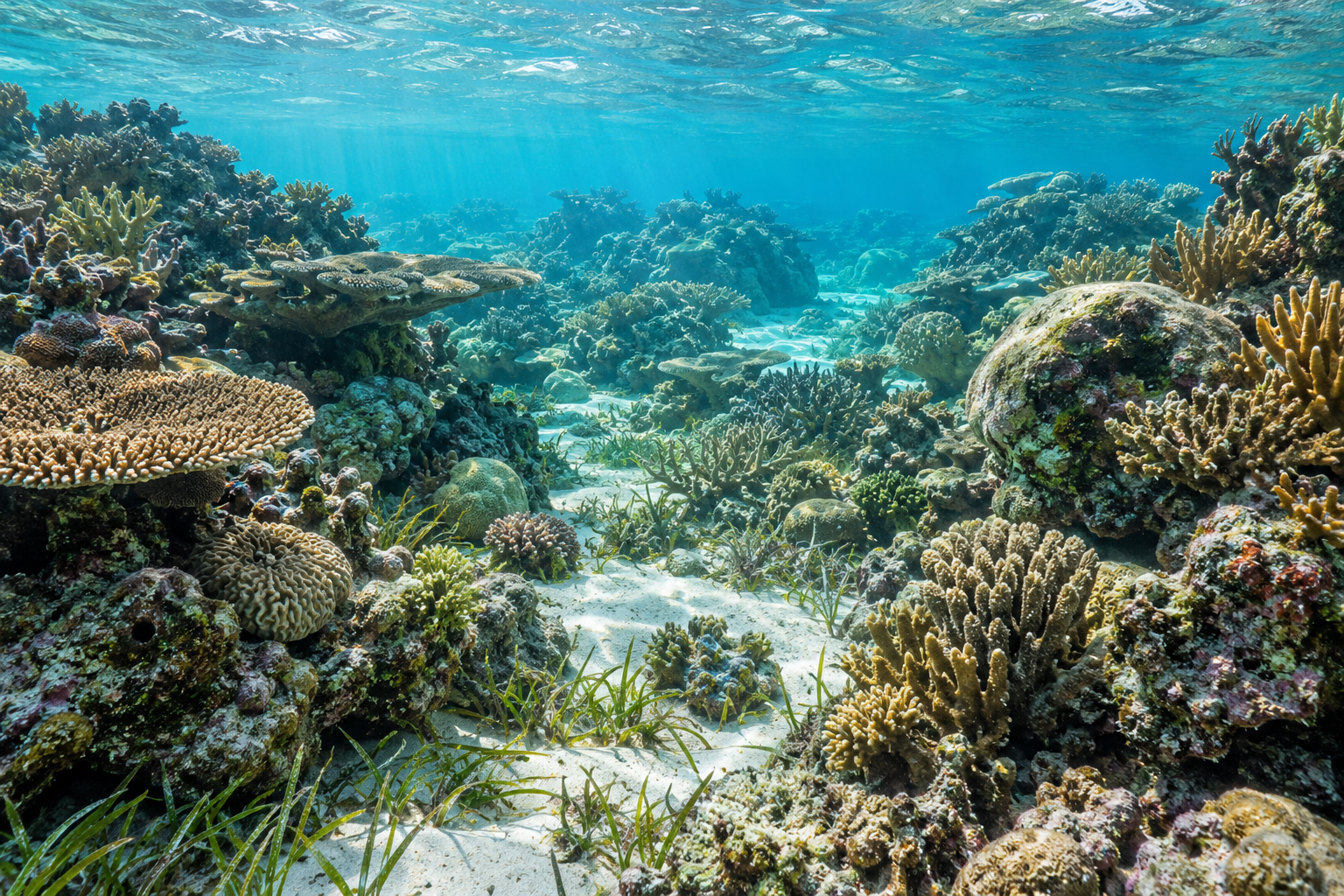Shallow coral reef with swimming animals